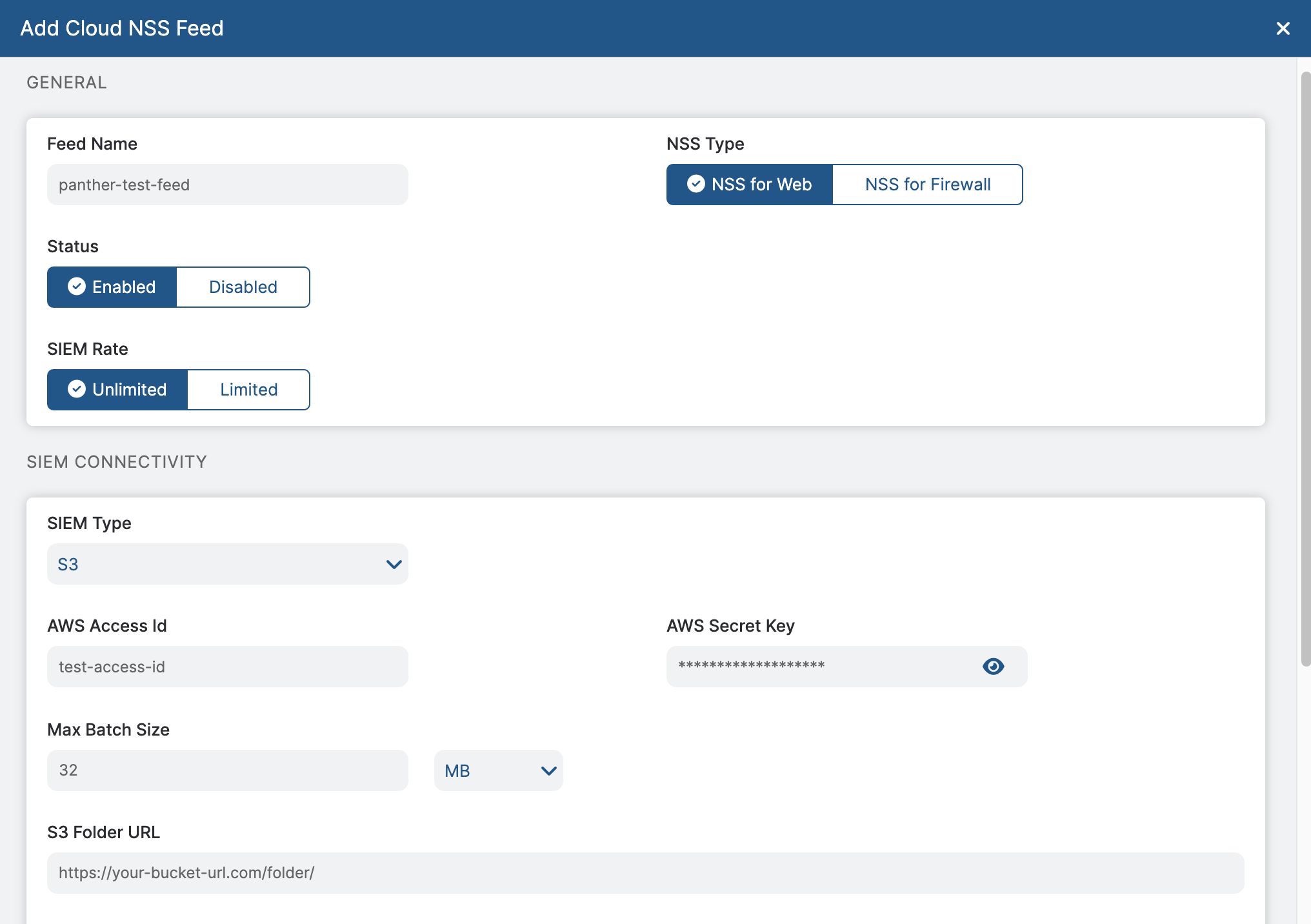 Under an "Add Cloud NSS Feed" are various form fields, such as Feed Name, SIEM Type, and AWS Secret Key.
