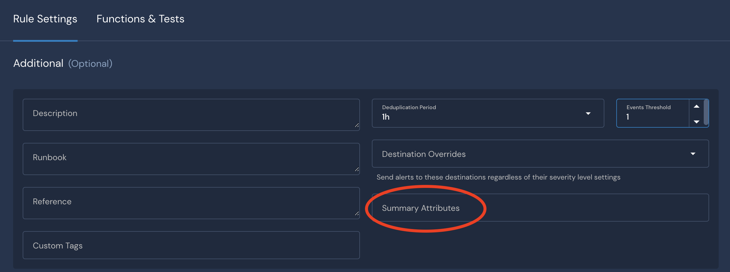 The Rule Settings creation form has a "Summary Attributes" field in the lower right corner.