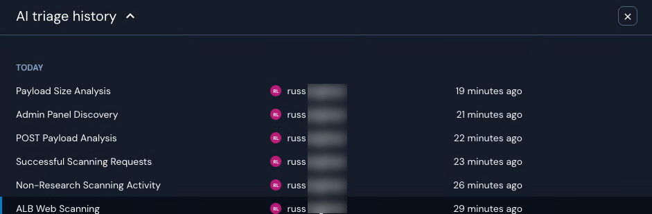 Under an "AI Triage History" header, there is a sub-header labeled "Today." Under it is a table with six entries.