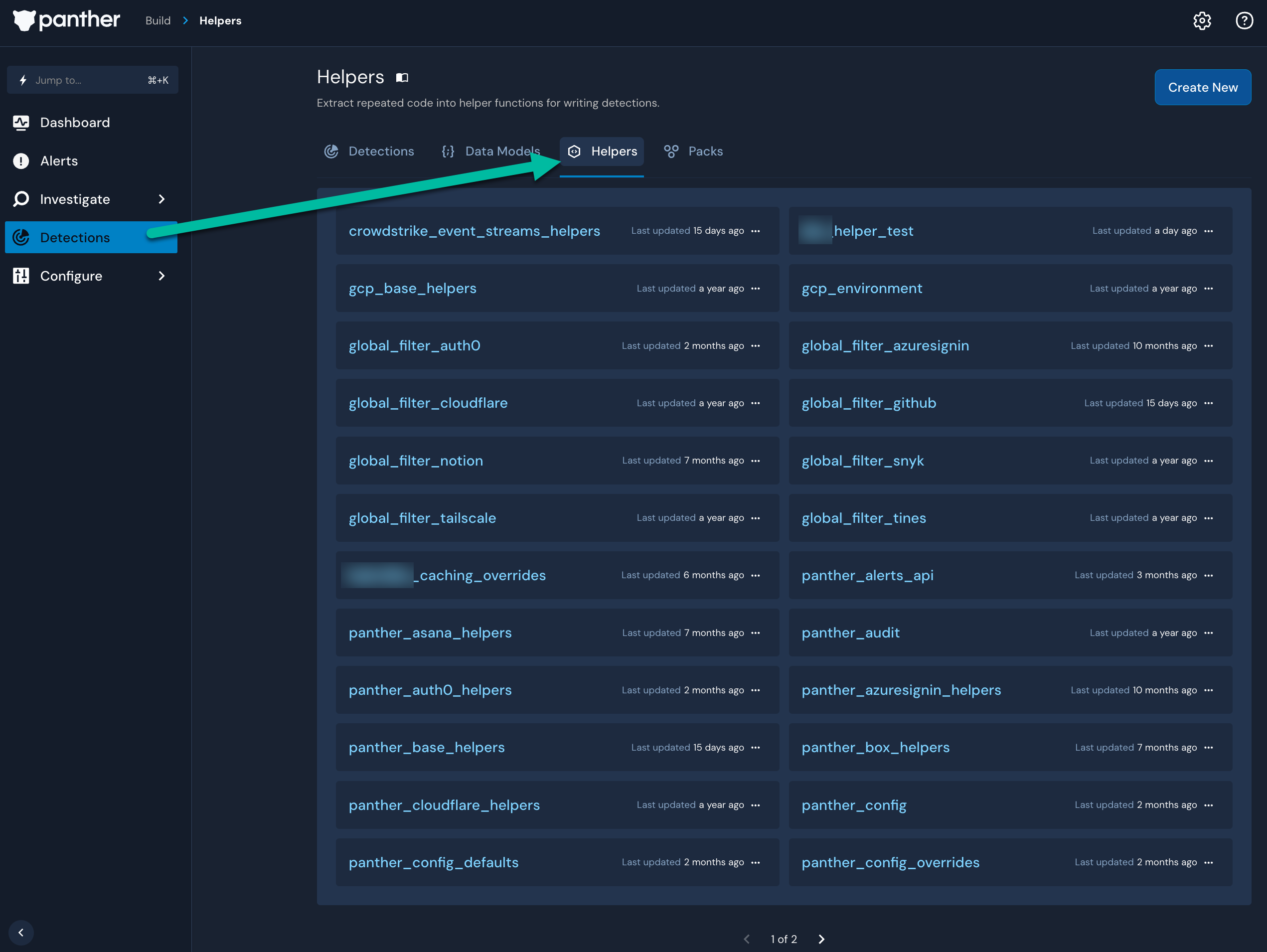 An arrow is drawn from "Detections" to "Helpers," and a page titled "Helpers is shown, with a table with various entries, including "crowdstrike_event_streams_helpers" and "gcp_environment".