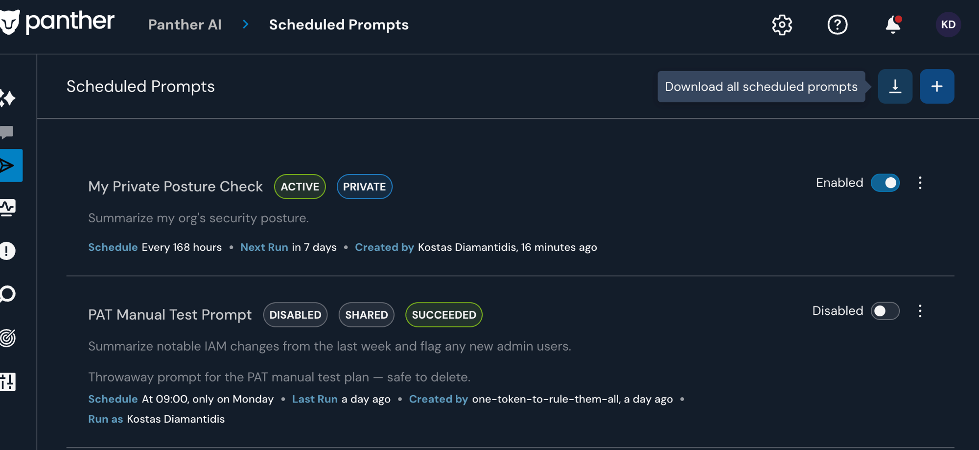 The Scheduled Prompts list page, with the Download all scheduled prompts button in the header.