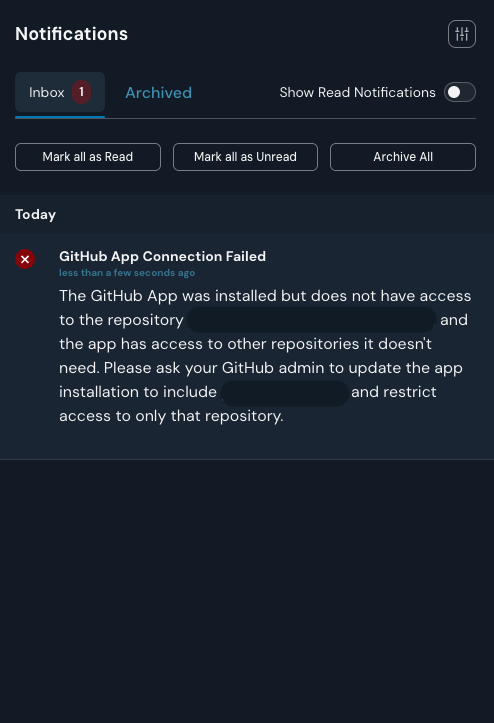 The Panther Notifications panel showing a 'GitHub App Connection Failed' error notification stating that the app was installed but does not have access to the configured repository, and that the app has access to other repositories it doesn't need, with advice to update the installation to include the configured repository and restrict access to only that repository.
