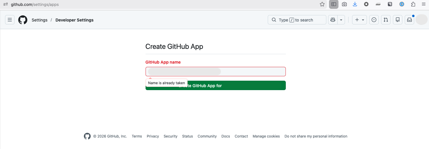 GitHub's Create GitHub App page with a 'Name is already taken' error tooltip pointing at the GitHub App name field.