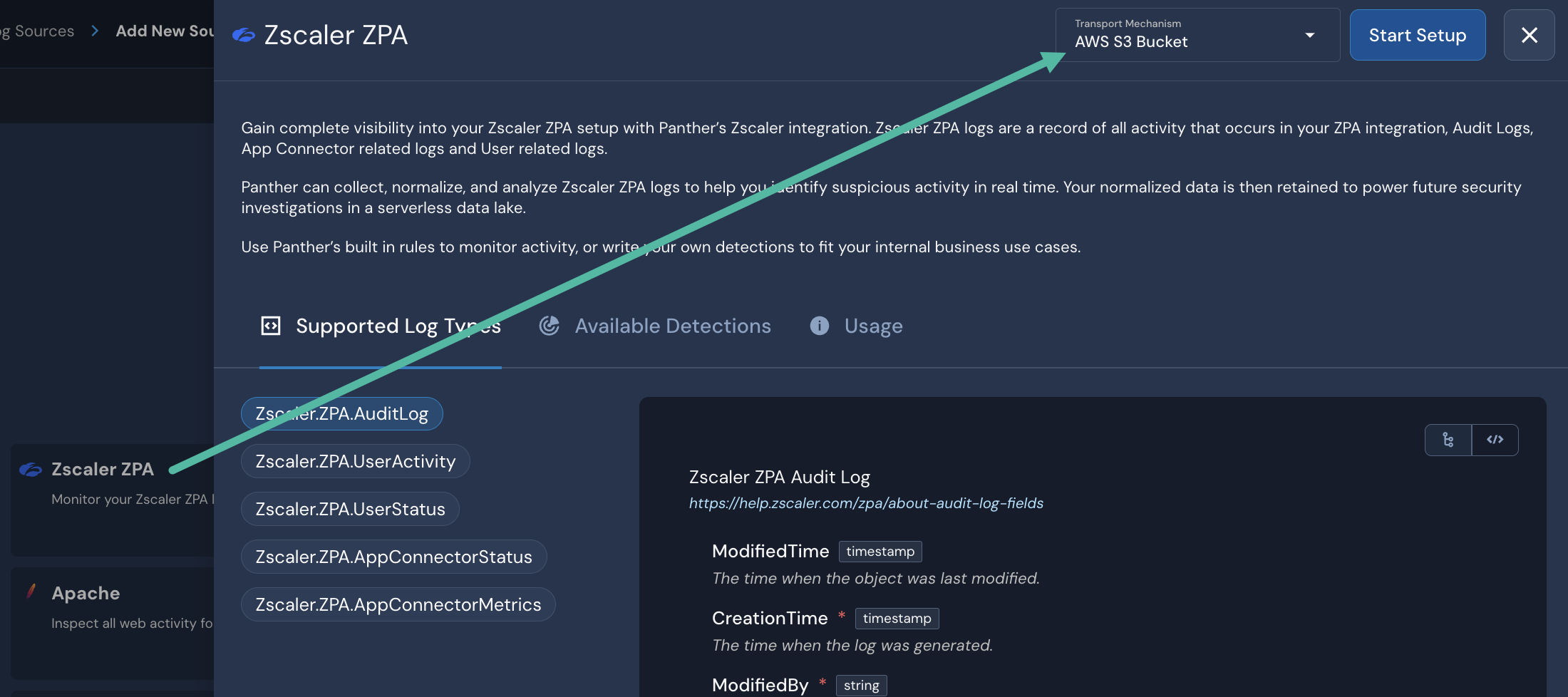An arrow is drawn from a tile labeled "Zscaler ZPA" to a dropdown field called "Transport Mechanism" with an "AWS S3 Bucket" value populated. In the right-hand corner is a Start Setup button.