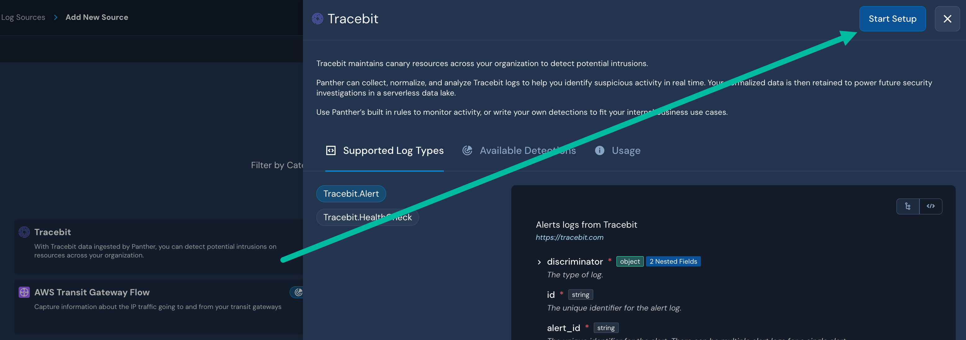 An arrow is drawn to a "Tracebit" tile to a "Start Setup" button.