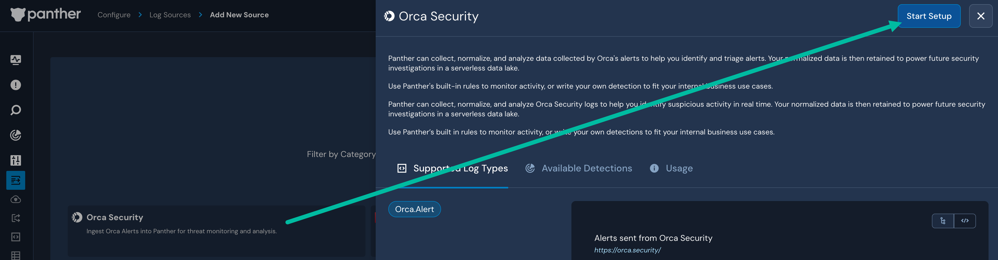 An arrow is drawn from an "Orca Security" tile in the background to a "Start Setup" button on an "Orca Security" panel in the foreground.