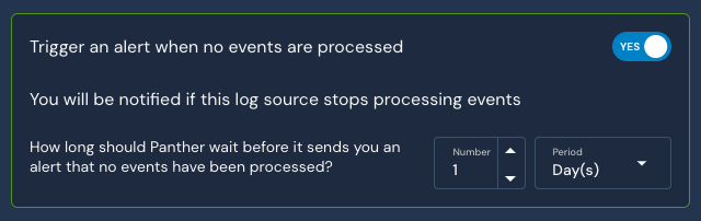 The "Trigger an alert when no events are processed" toggle is set to YES. The "How long should Panther wait before it sends you an alert that no events have been processed" setting is set to 1 Day