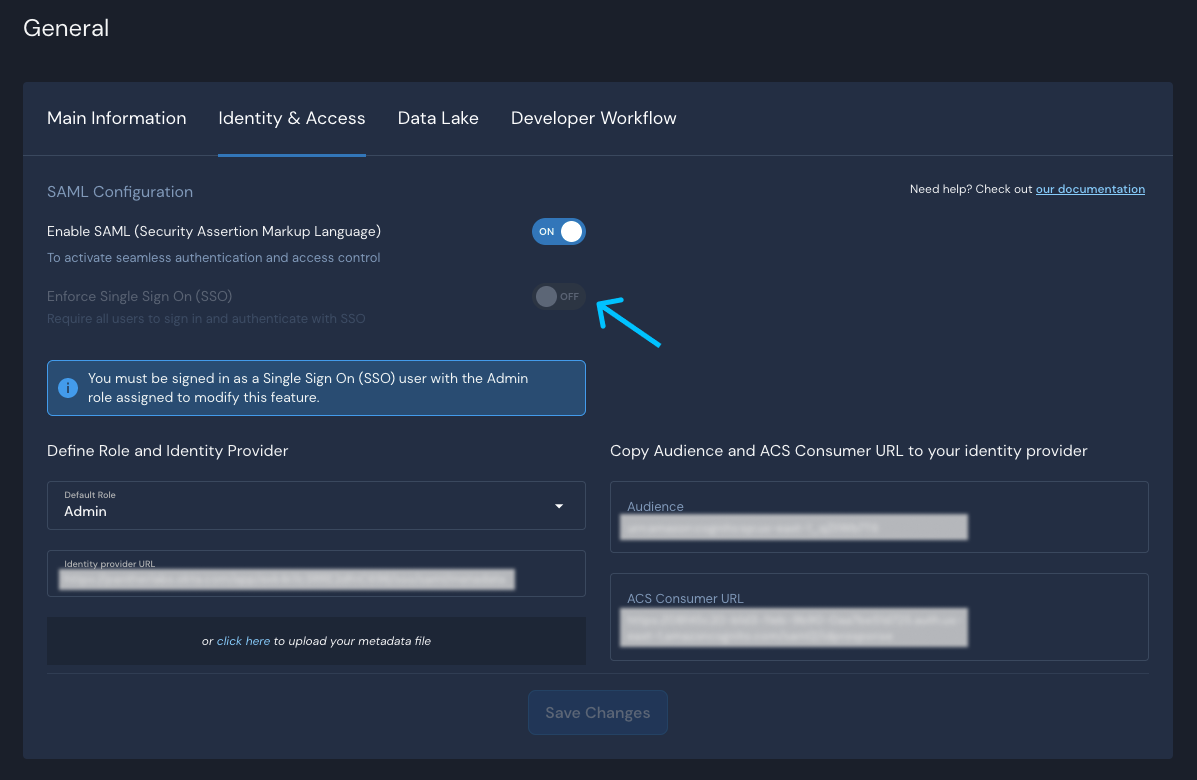 In the General settings page, the Identity & Access tab is shown. In the SAML Configuration section, there is an arrow pointing to the Enforce Single Sign On (SSO) toggle.