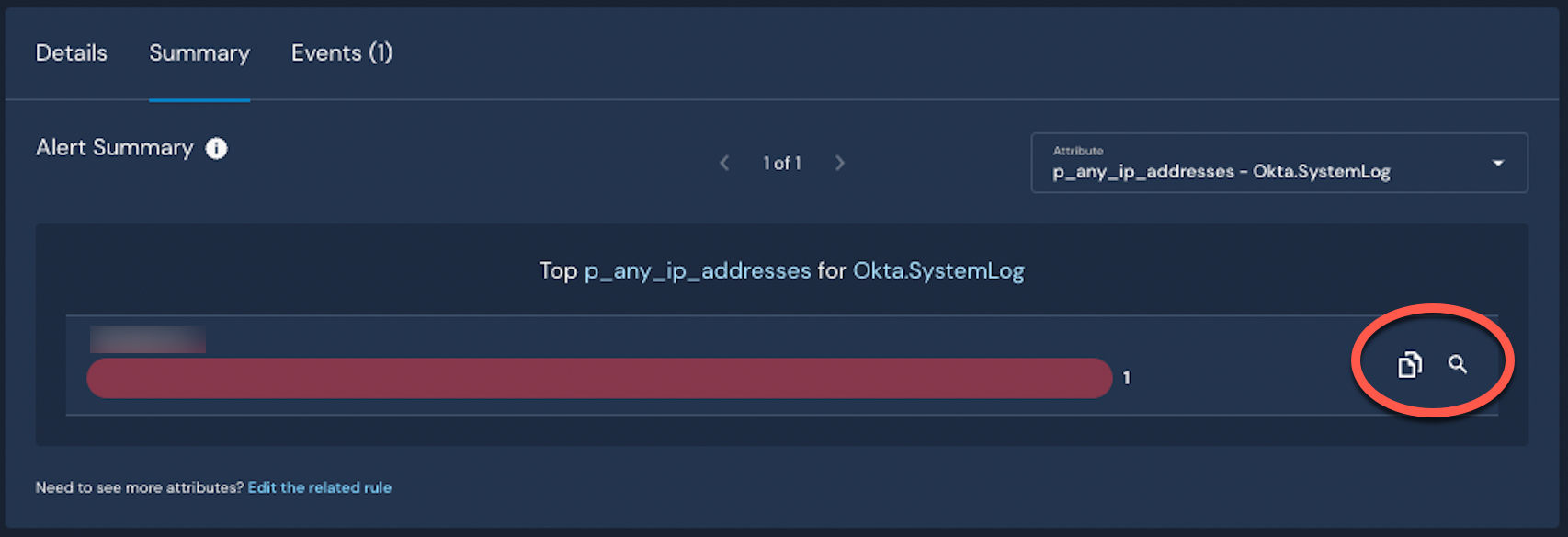 On the right side of an alert summary, there are clickable icons for "Copy" and "Search."
