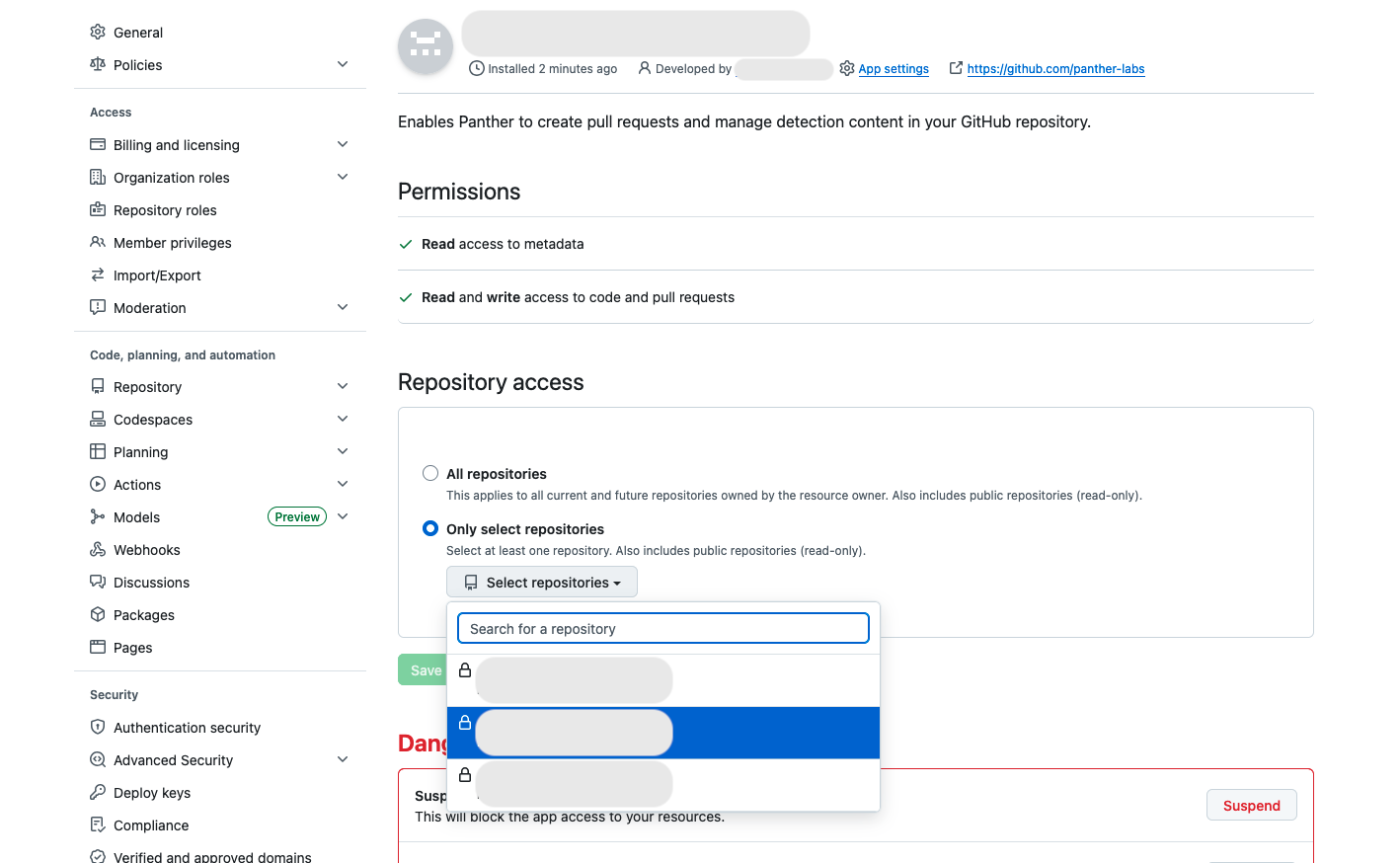 The GitHub App configuration page showing the Repository access section with 'Only select repositories' selected and a search dropdown open for choosing repositories.