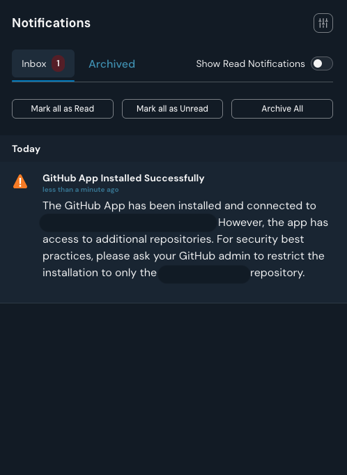 The Panther Notifications panel showing a warning notification: 'GitHub App Installed Successfully. The GitHub App has been installed and connected to the configured repository. However, the app has access to additional repositories. For security best practices, please ask your GitHub admin to restrict the installation to only the configured repository.'