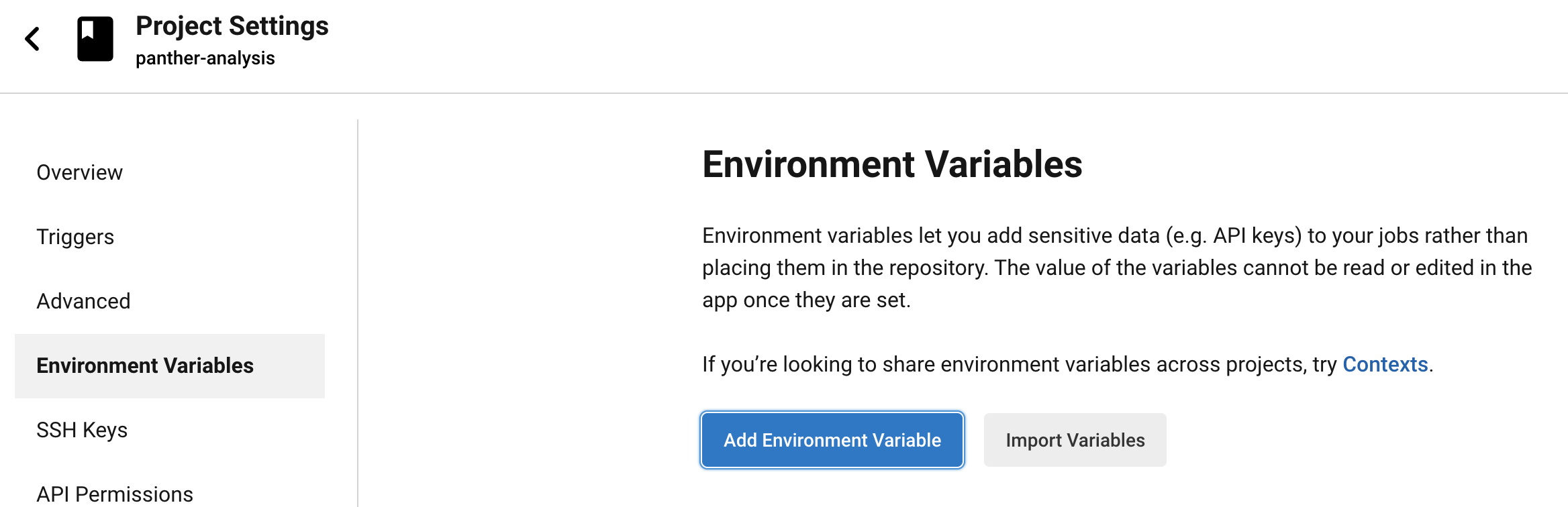 In the CircleCI console, the Project Settings screen is shown. There is a button to "Add Environment Variable"