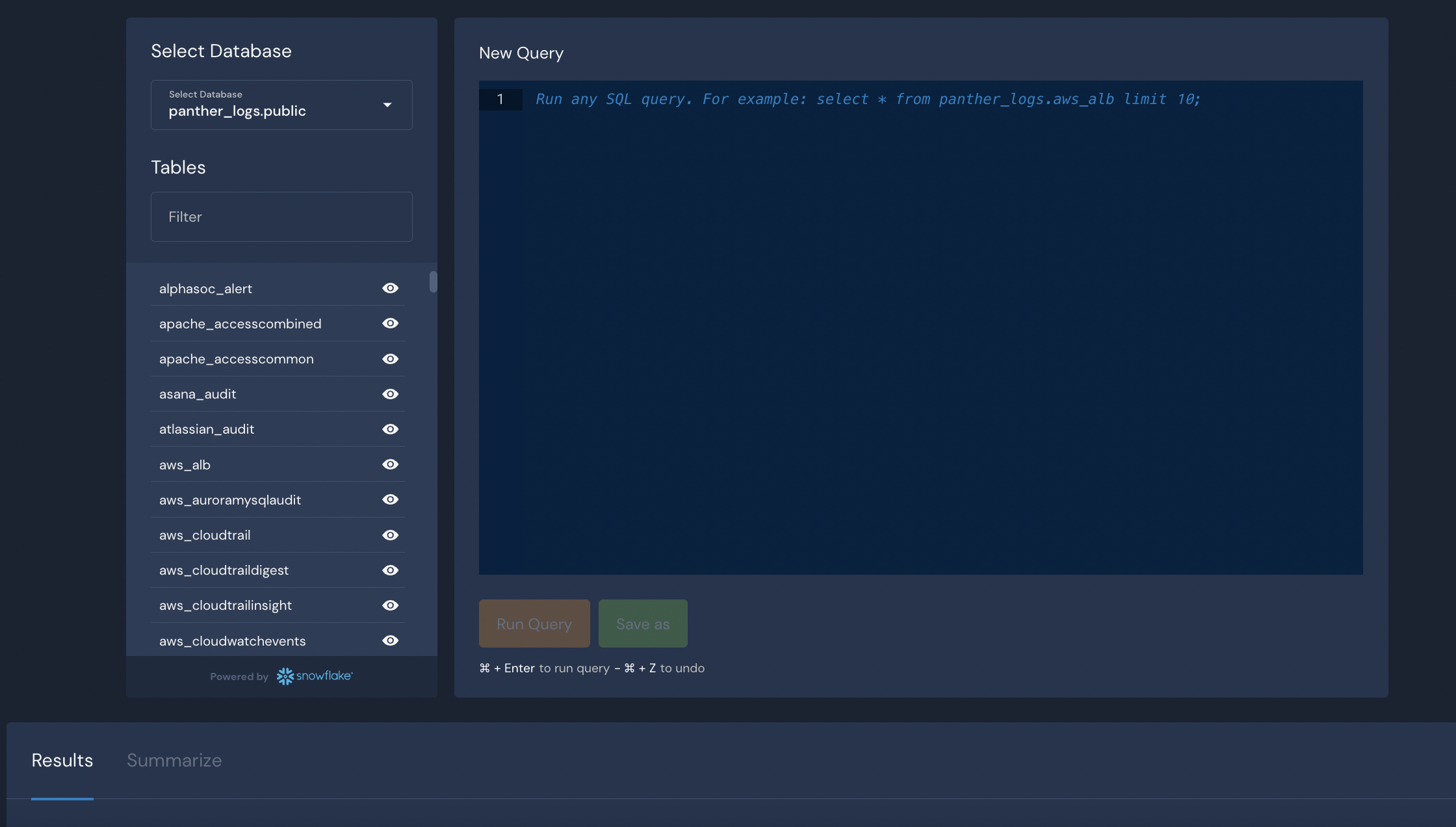 The Data Explorer page has a column on the left labeled Tables. In the middle of the page, there is a text editor labeled New Query. The bottom of the page has tabs labeled Results and Summarize.