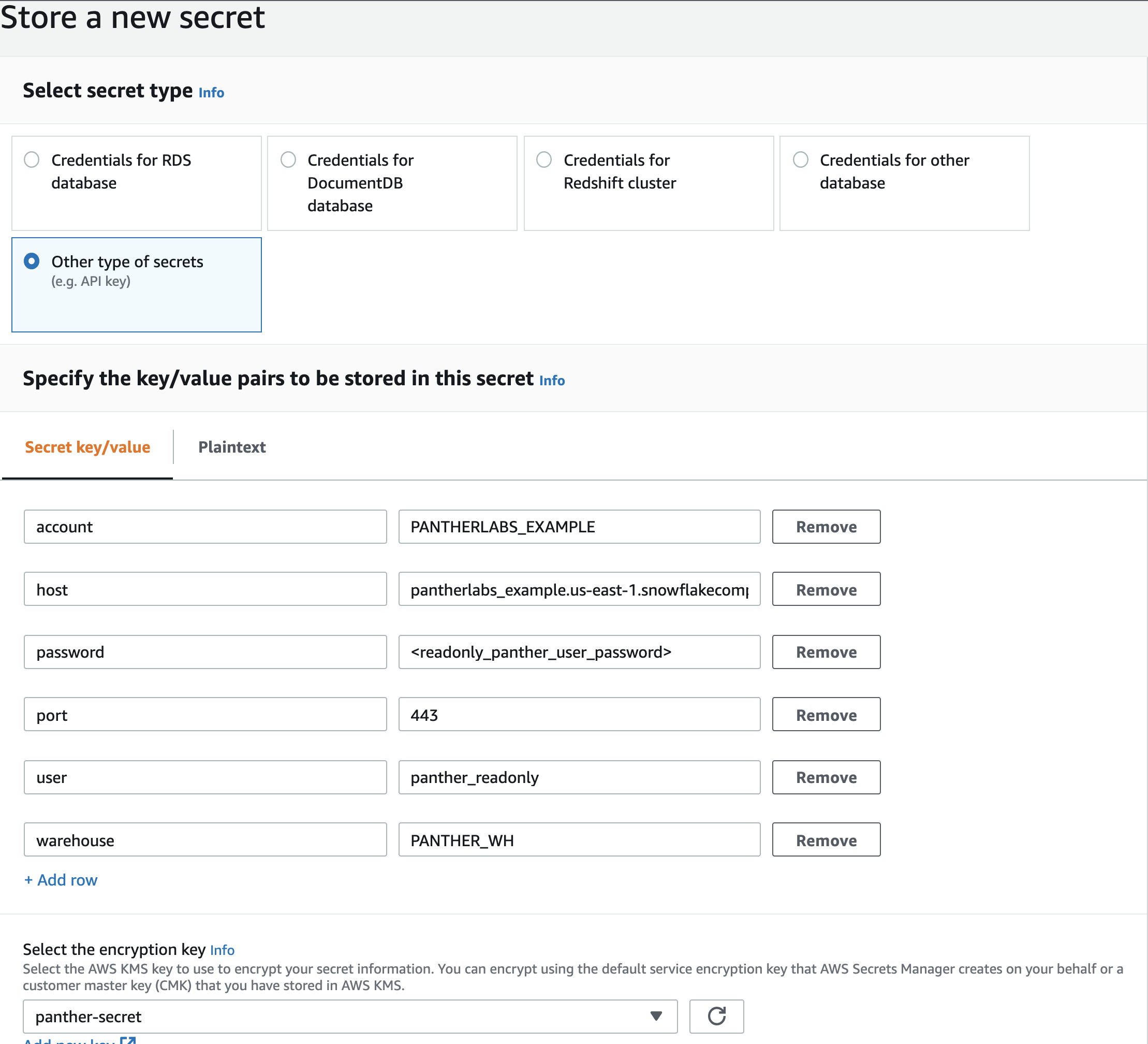 On the "Store a new secret" page in AWS, the secret type "Other types of secrets" is selected. Under "Specify the key/value pairs to be stored in this secret," the following keys are entered: account, host, password, port, user, and warehouse.
