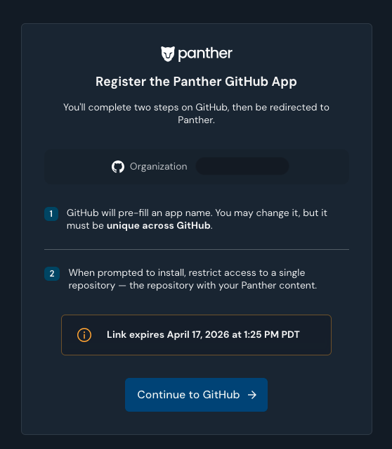 The Panther public registration page, titled 'Register the Panther GitHub App,' showing the target GitHub organization and expiry time, with a Continue to GitHub button.