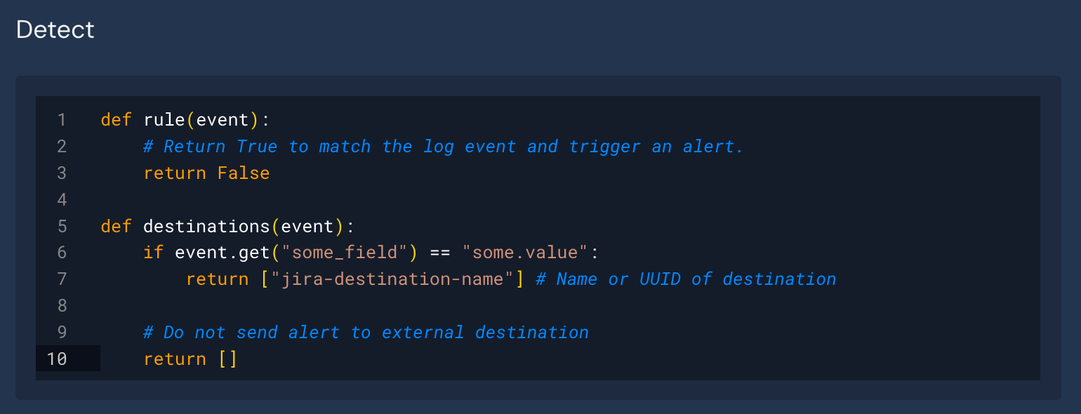 Under a "Detect" header, rule() and destinations() functions are shown.