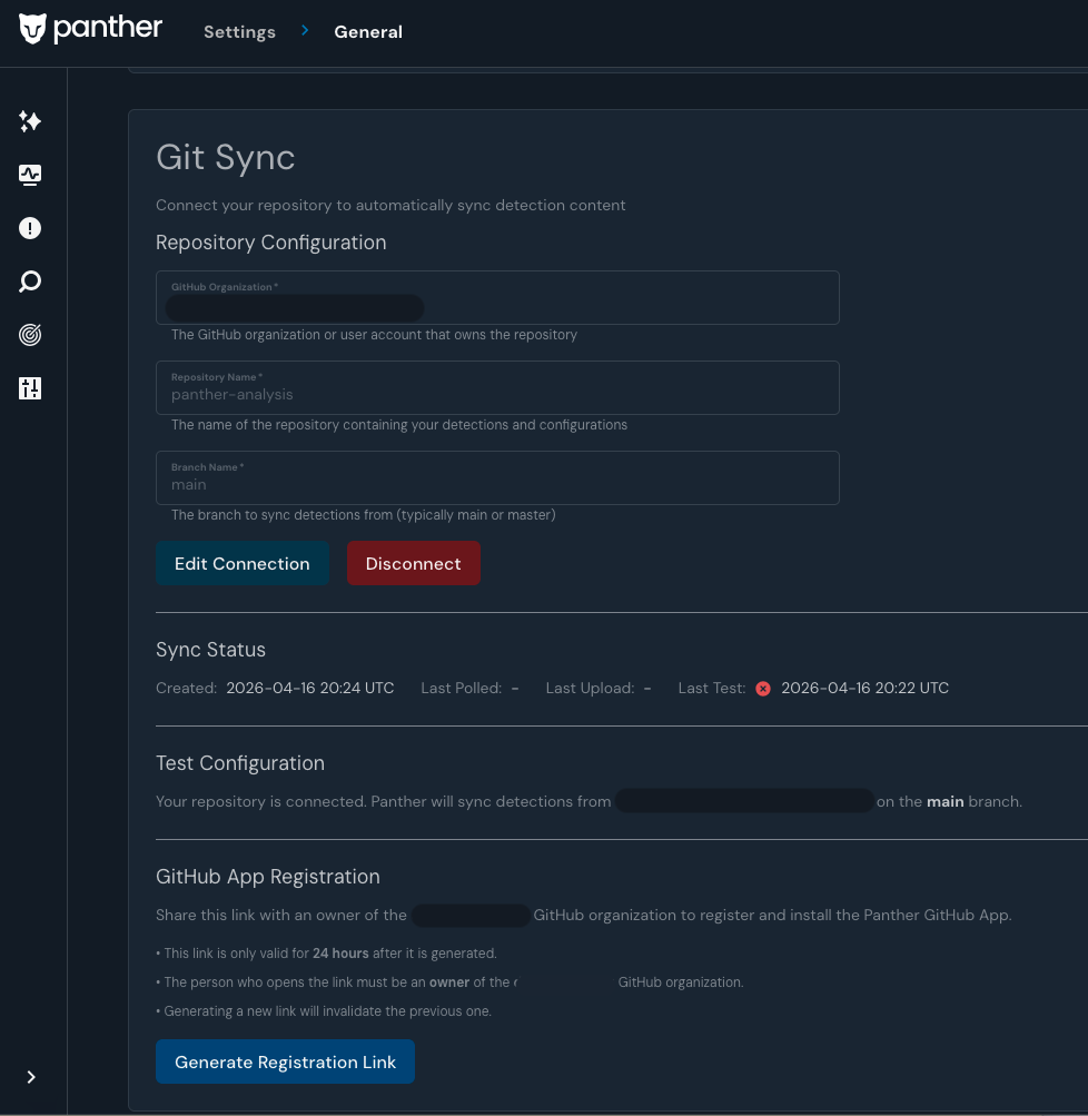 The Git Sync section with a saved repository configuration and a GitHub App Registration section below it containing a Generate Registration Link button.