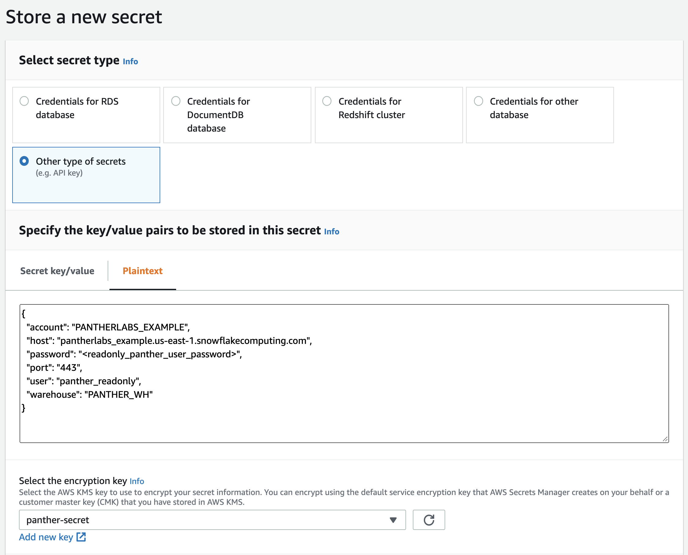 The image shows the "Store a new secret" screen from the AWS console. The option "Other type of secrets" is selected. The dropdown for "Select the encryption key" is set to "panther-secret."