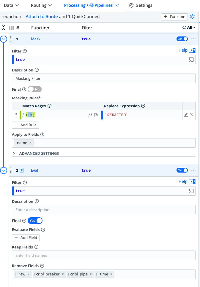 The Processing / Pipelines page is open. Under "Masking Rules", the Match Regex value is /(.*) and the Replace Expression value is `REDACTED`.
