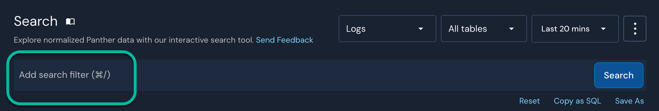 The Search tool is shown. The search bar, which has placeholder text of "Add search filter," is empty. It is circled.