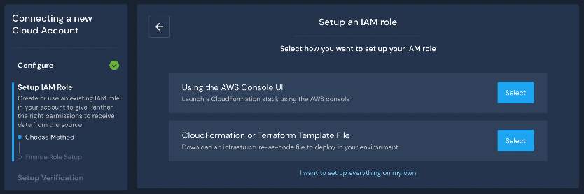 The Setup an IAM Role page displays options for Using the AWS Console UI, CloudFormation or Terraform template, or "I want to set up everything on my own."