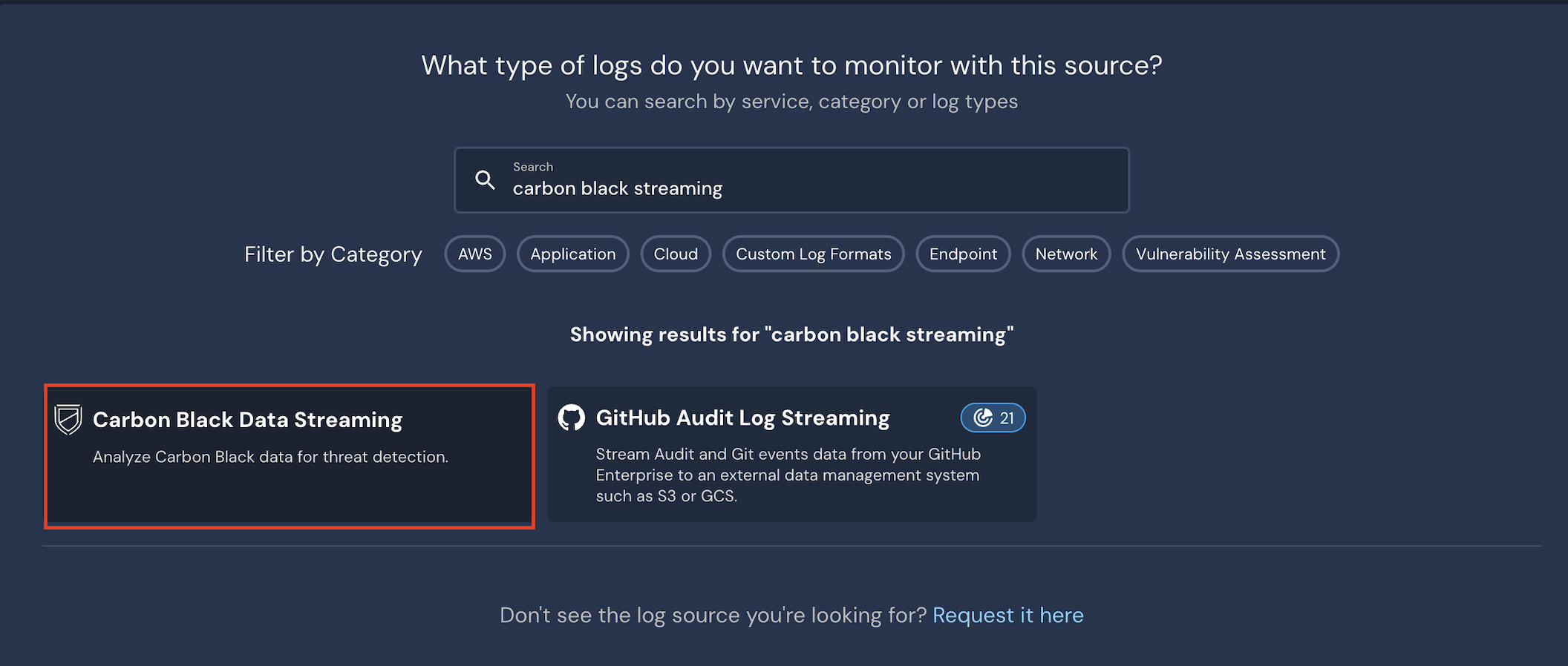 In the search box is "carbon black streaming," and one of the results, a box titled "Carbon Black Data Streaming," is circled.