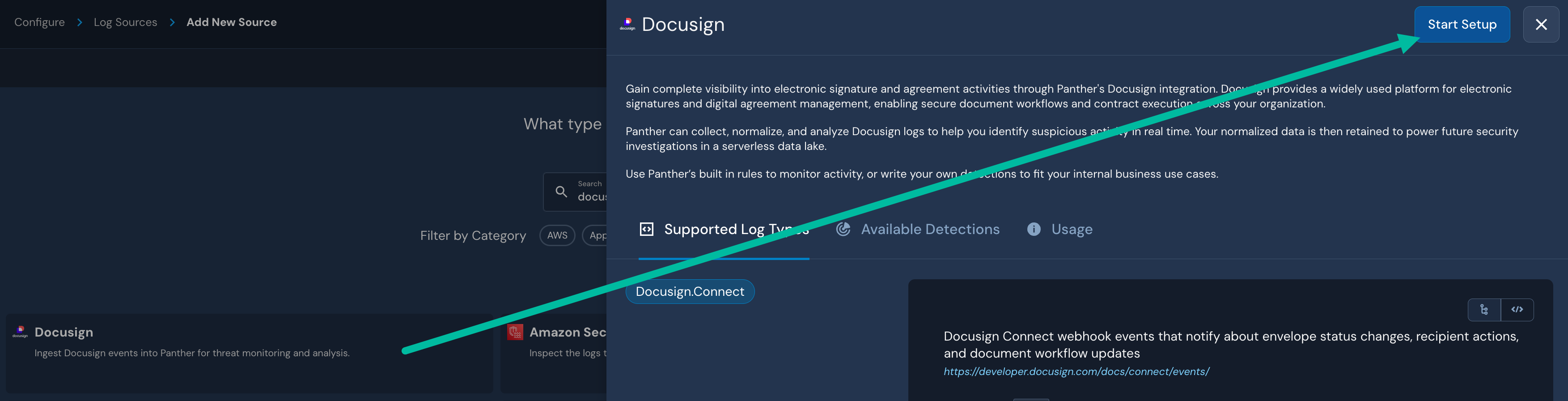 An arrow is drawn from a tile labeled "Docusign" to a "Start Setup" button.