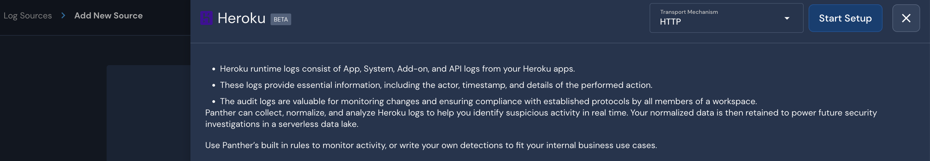 The new source setup page for Heroku is shown in the Panther Console. The Transport Mechanism dropdown field is has a value of "HTTP" pre-selected. To its right is a Start Setup button.