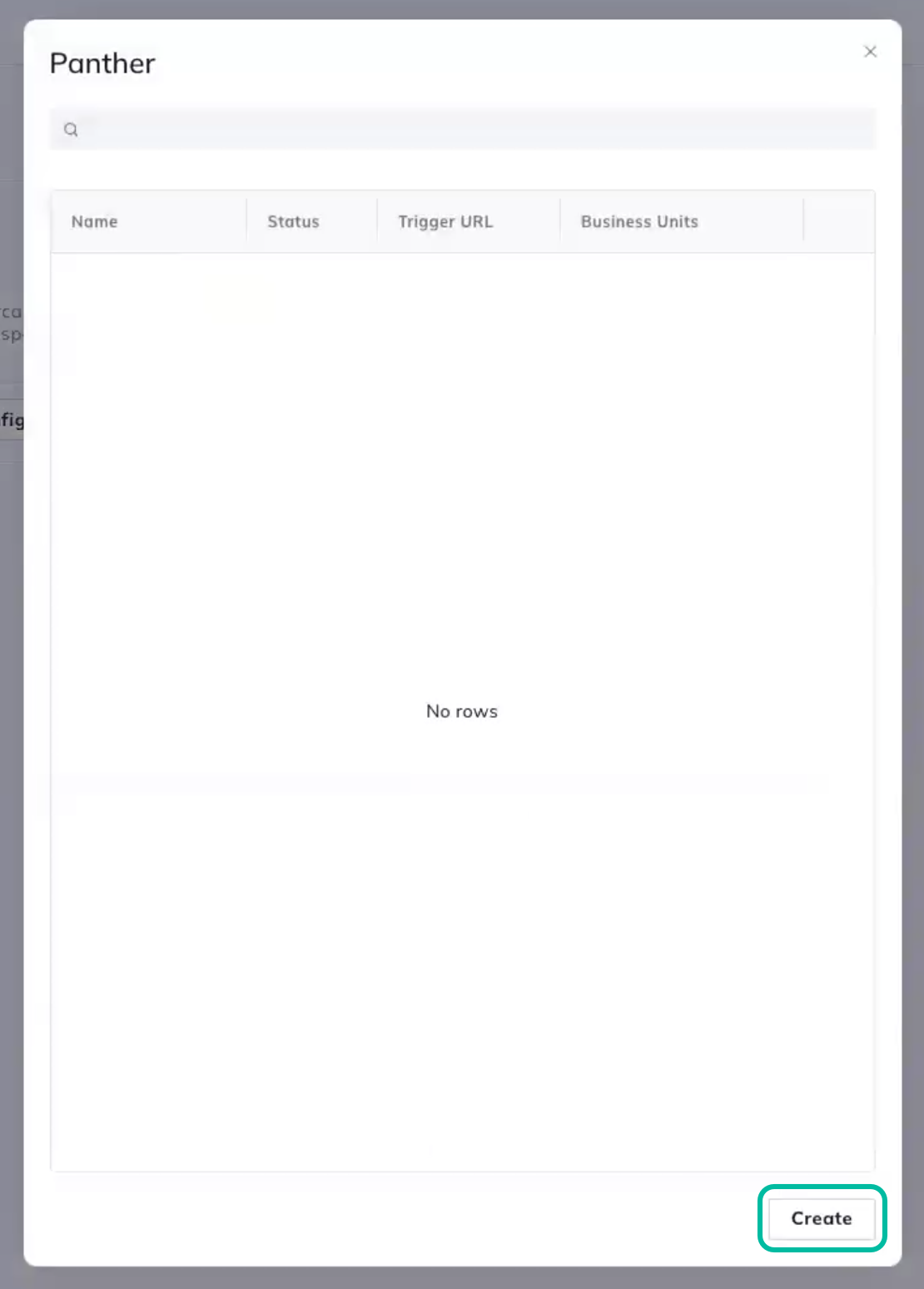 Under a "Panther" header is an empty pop-up modal. There is a "Create" button at the bottom.