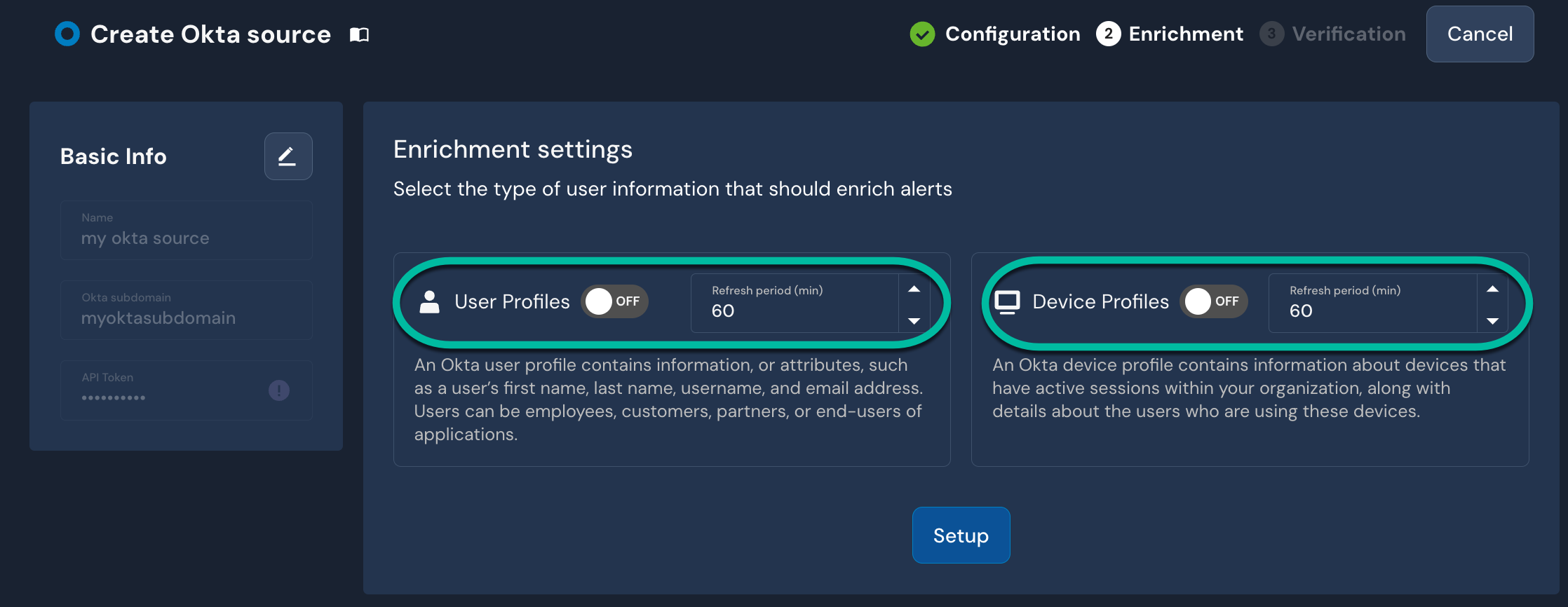On the Enrichment settings page of the Create Okta source flow, there are toggles for User Profiles and Device Profiles. Next to each of the toggles is a Refresh period (min) field.