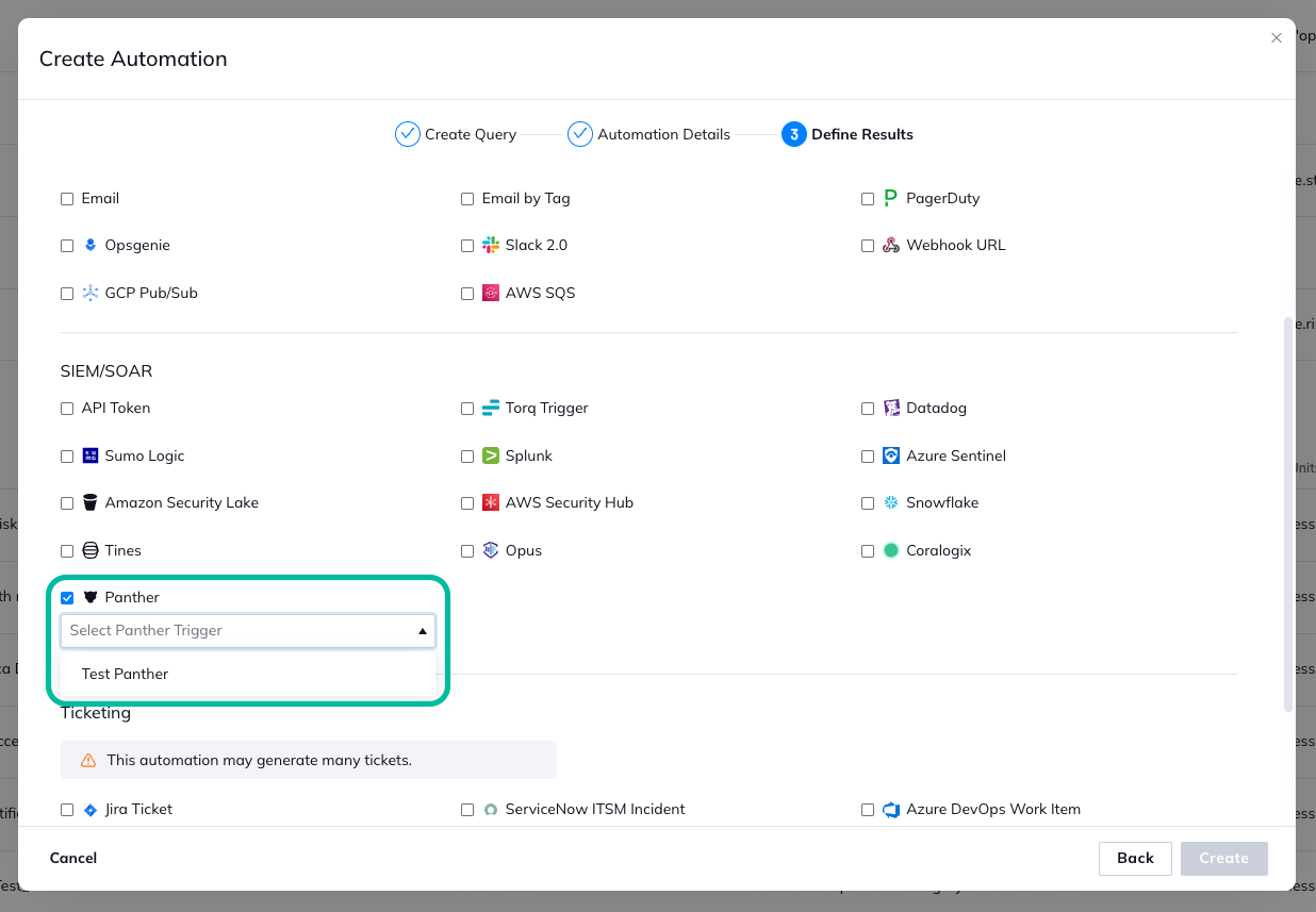 Under a "New Automation" header, there are various checkboxes. One checkbox with the label "Panther" is selected.