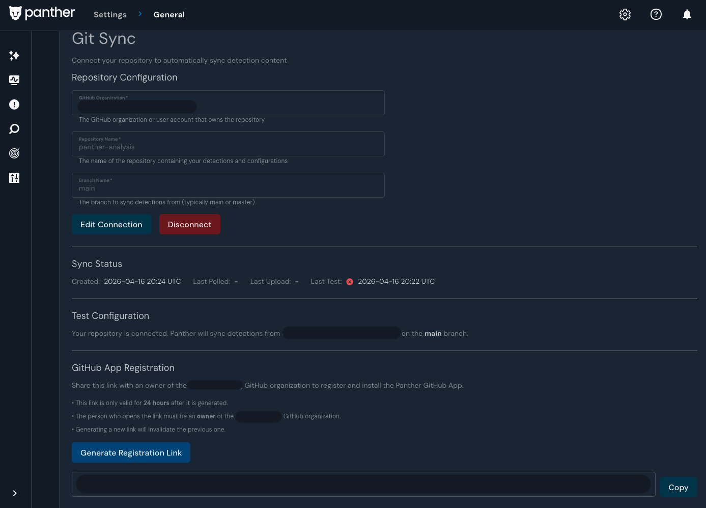 The GitHub App Registration section with a generated Registration Link URL displayed below the Generate Registration Link button.