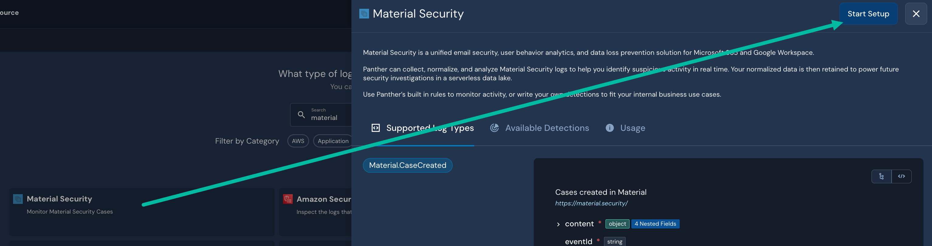 On the right side of the screen, there is a slide-out panel titled "Material Security." There is an arrow drawn to a "Start Setup" button.