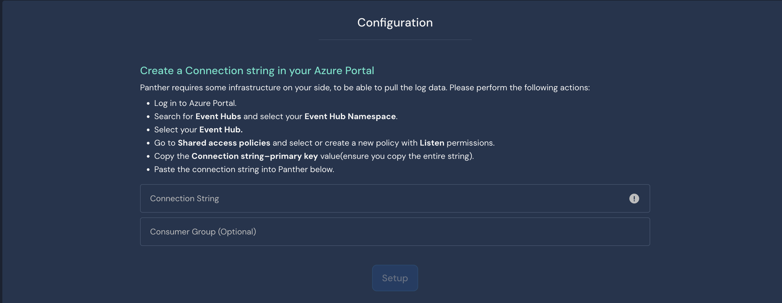 Under a "Configuration" title is the header "Create a Connection string in your Azure Portal." There are two form fields: Connection String and Consumer Group (Optional).