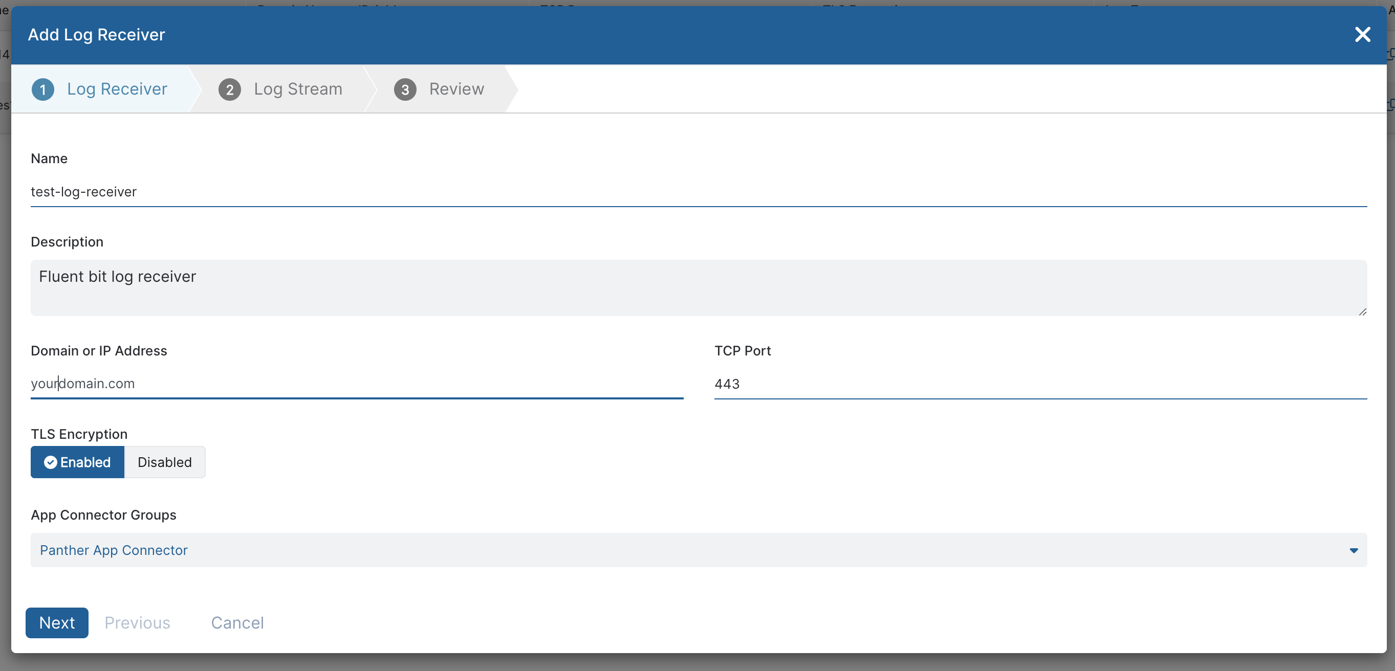An "Add Log Receiver" pop-up modal is shown. It contains various form fields, such as "Name," "Description," and "Domain or IP Address."