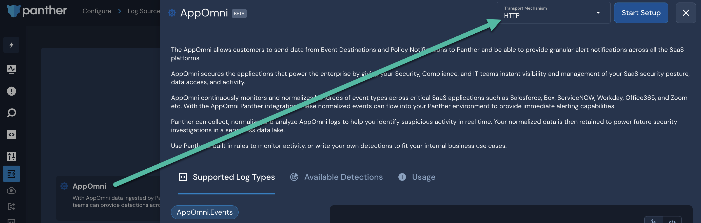 An arrow is drawn from a tile titled "AppOmni" to a dropdown field labeled "Transport Mechanism" with a "HTTP" option selected. In a panel on the right side, there is a description of AppOmni and a blue "Start Setup" button.