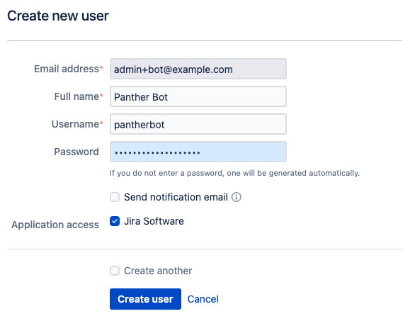 A "Create new user" form is shown, with various fields, including "Email address," "Full name," and "Username." At the bottom is a "Create user" button.
