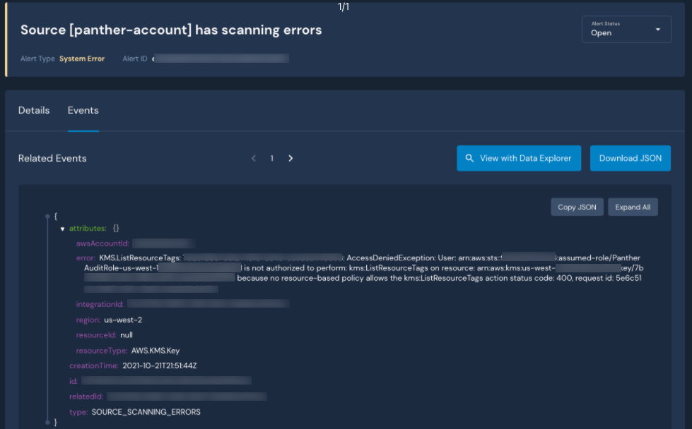 The image shows an alert in the Panther Console titled "Source [panther-account] has scanning errors." The "Events" tab is open, and it includes metadata for the alert.