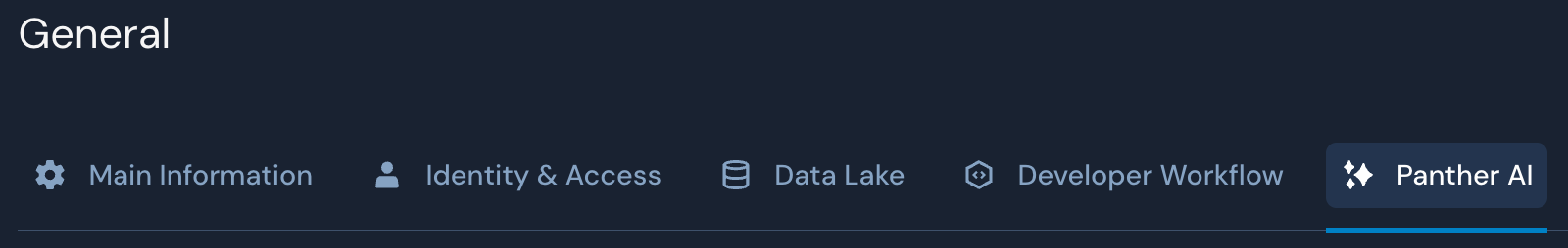 Under a "General" title are five tabs, and the last, "Panther AI," is highlighted.