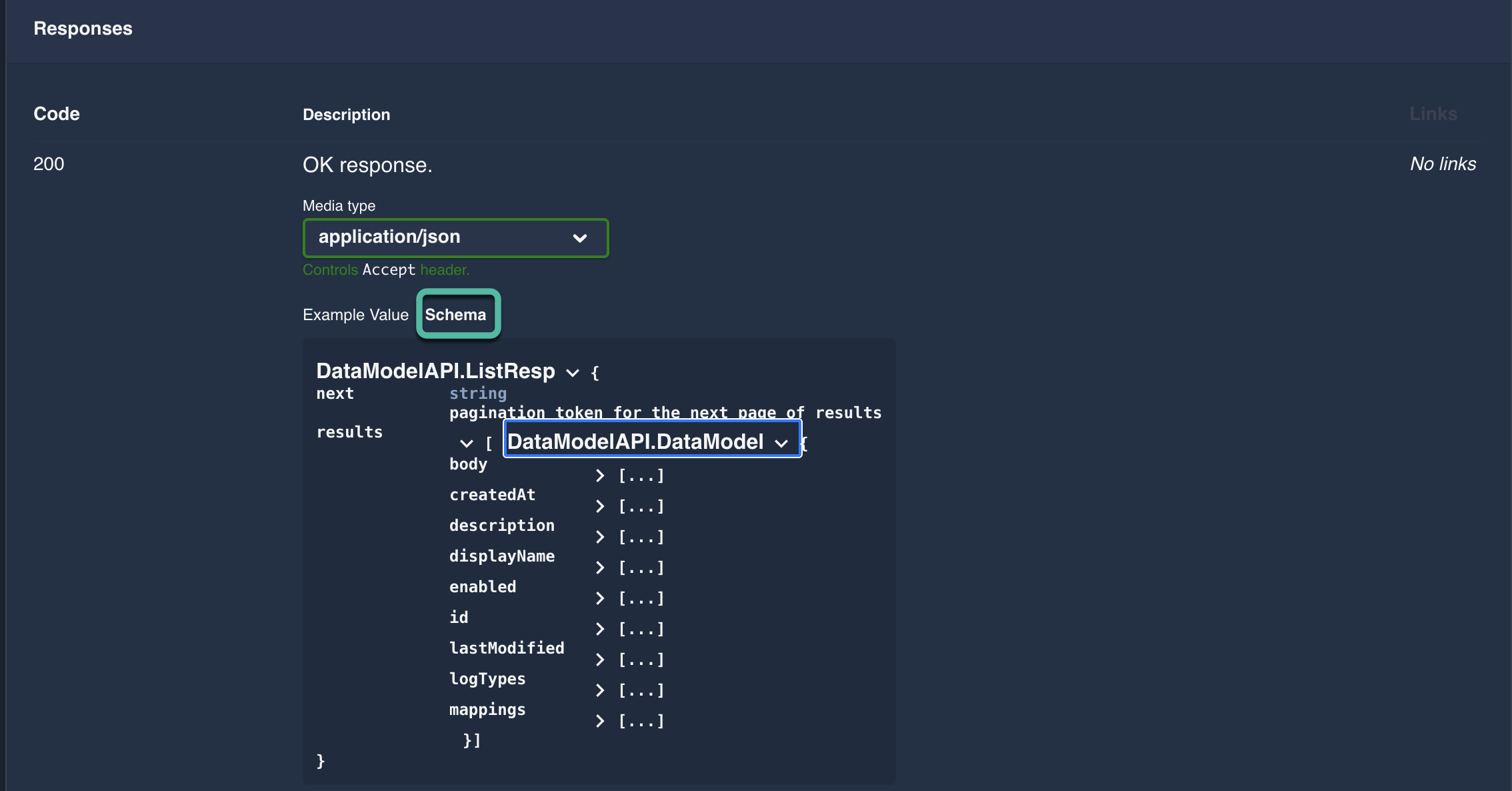 Inline schema block in the Responses portion of an API Group, showing the datatype where it is used.