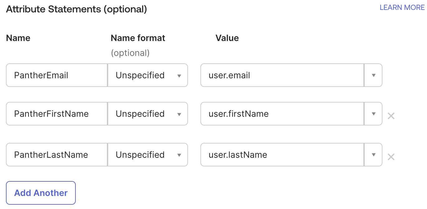 Attribute statements in Okta with three Panther defined attributes added