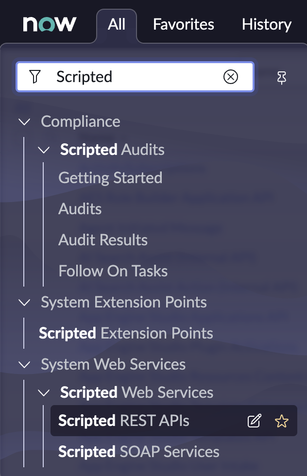 In the ServiceNow console, the "All" tab is selected at the top. In the navigation menu, System Web Services is expanded, and Scripted REST APIs is highlighted.