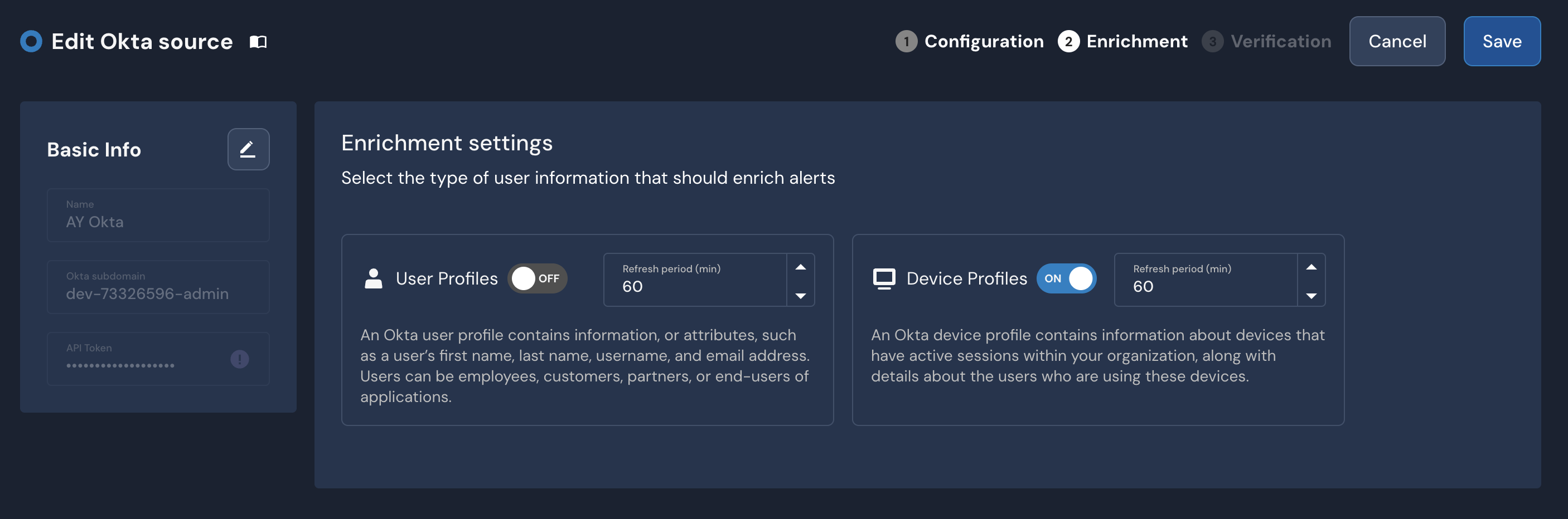 In the Enrichment settings box, there are toggles for User Profiles and Device Profiles. Next to each is a Refresh period (min) field.