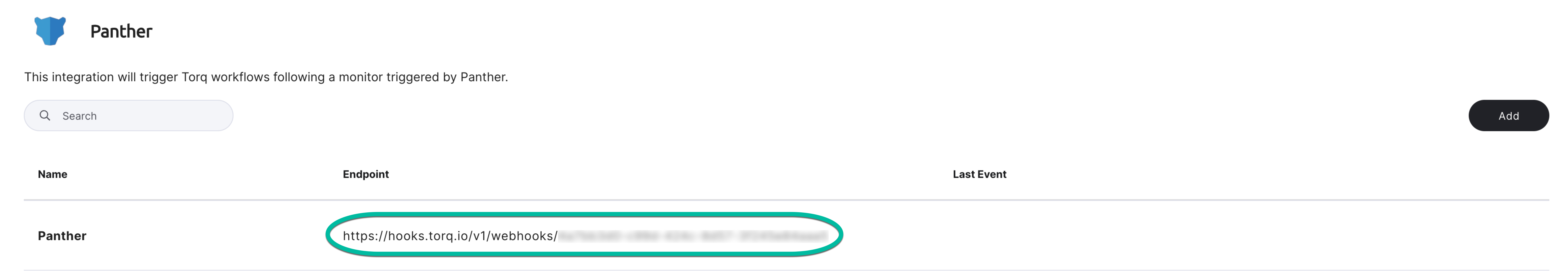 A "Panther" header is above a table row with a "Panther" value for the "Name" column, and a URL value for the "Endpoint" column. The URL is circled.