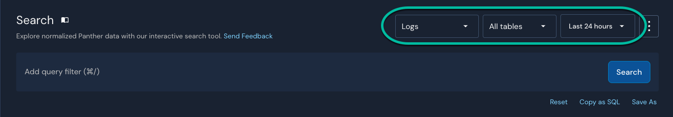 The Search UI in Panther is shown. Three dropdowns in the upper-right corner are shown. The first has a selection of "Logs," the second has a selection of "All tables," and the third has a value of "Last 24 hours."