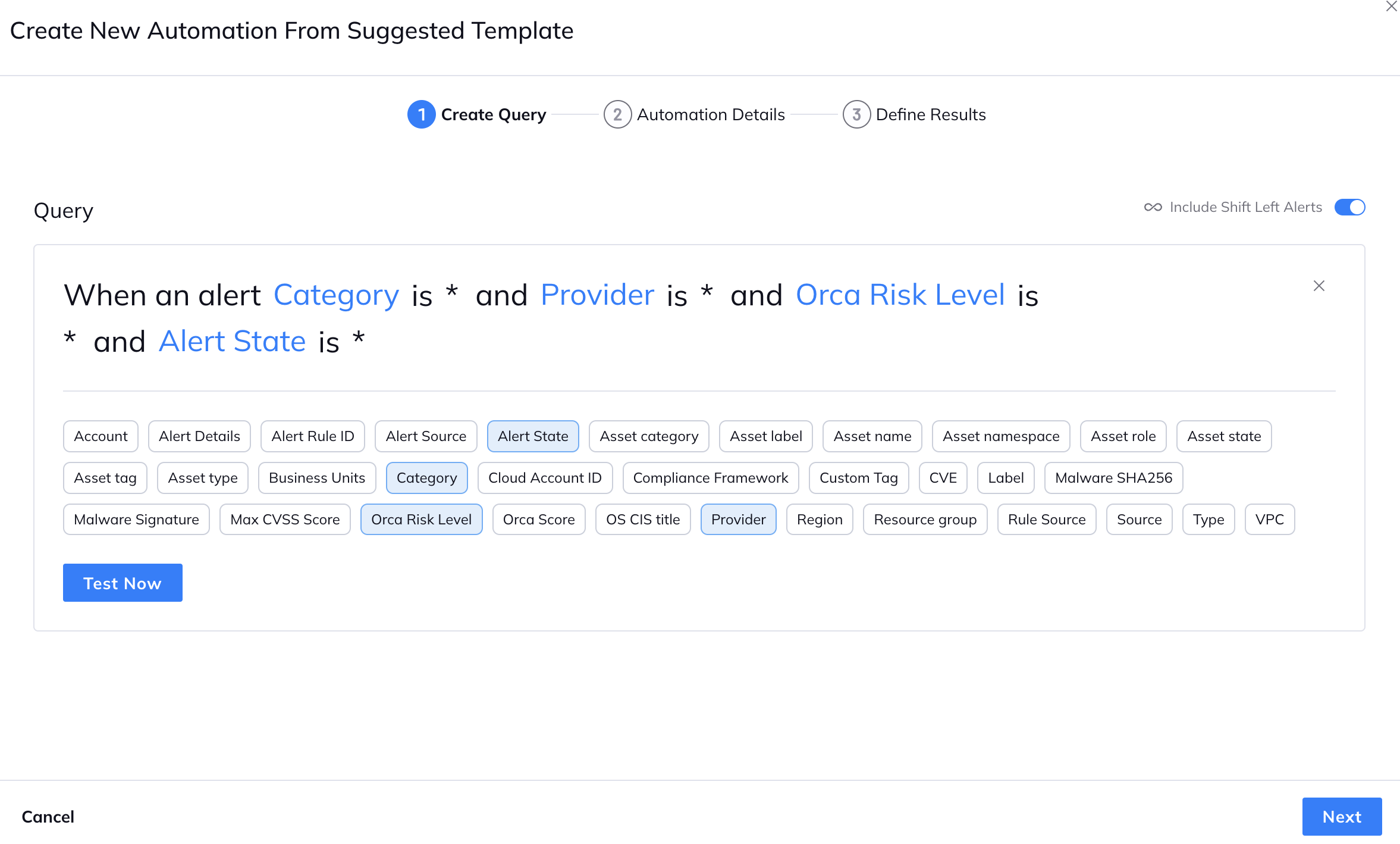 Under a "Create New Automation From Suggested Template" is a "Query" field. Its value is, "When an alert Category is * and Provider is * and Orca Risk Level is * and Alert State is *"