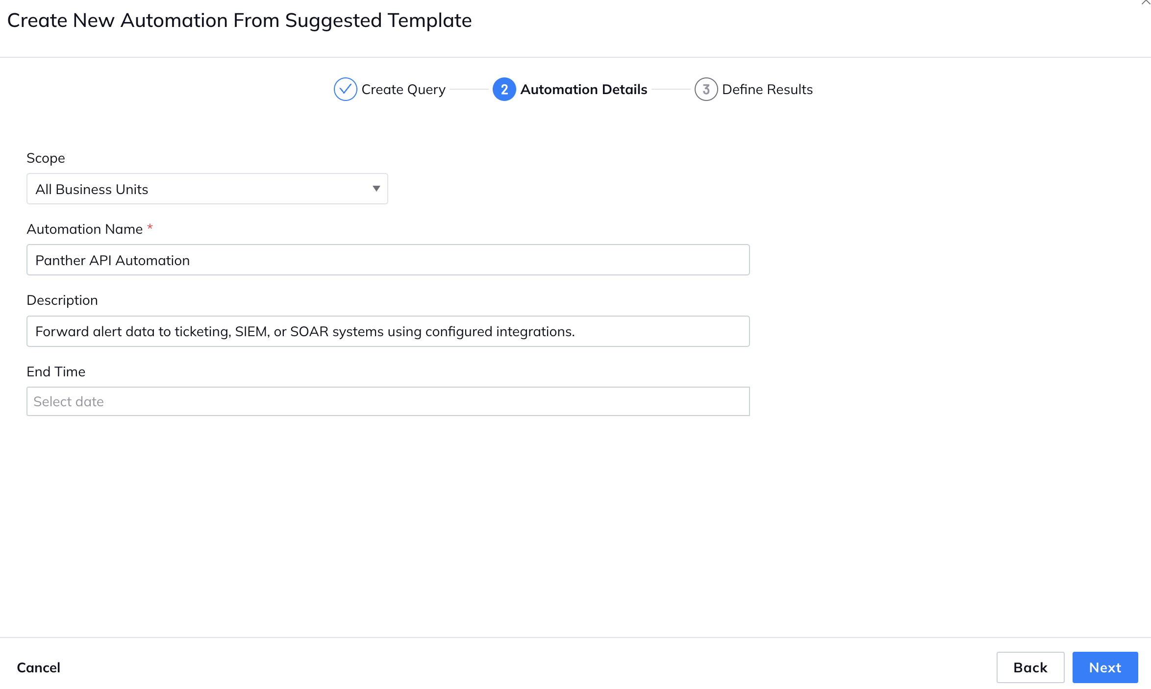 Under a "Create New Automation From Suggested Template" header are various form fields, like "Scope," "Automation Name," and "Description." In the bottom right corner are two buttons: Back and Next.