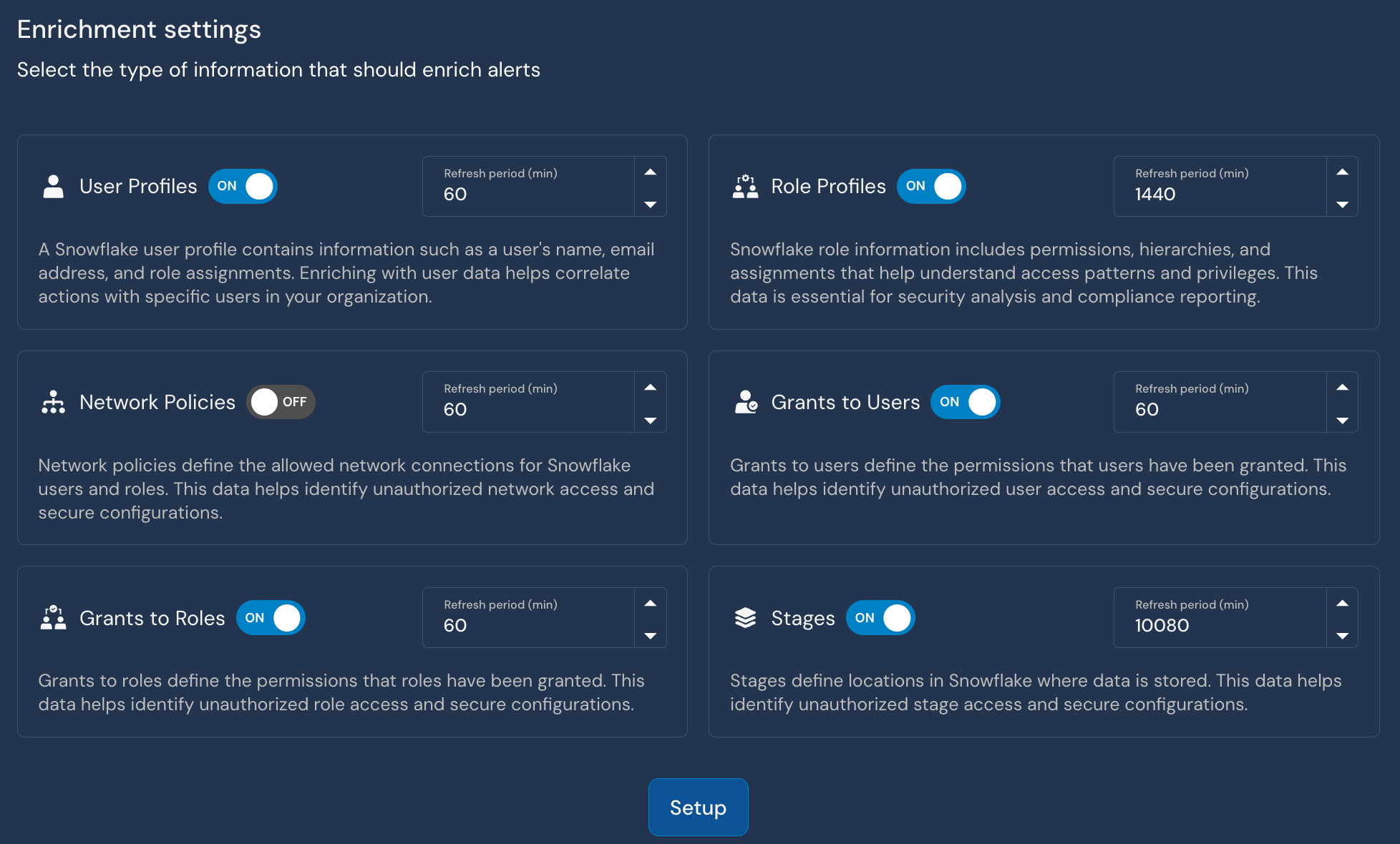 Under an "Enrichment settings" title, there are six tiles, each with a title, description, an ON/OFF toggle, and a Refresh period (min) field.