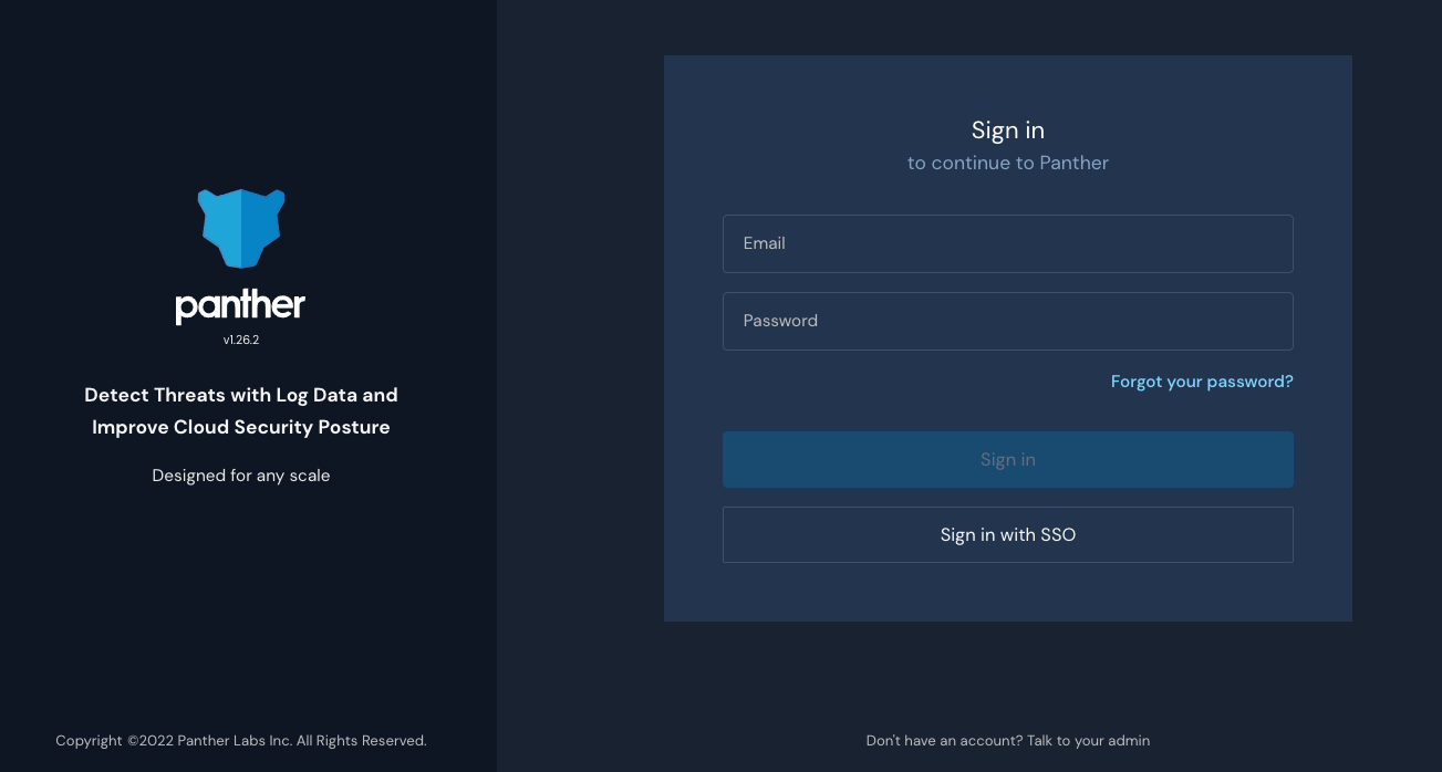 The Panther Console's login screen