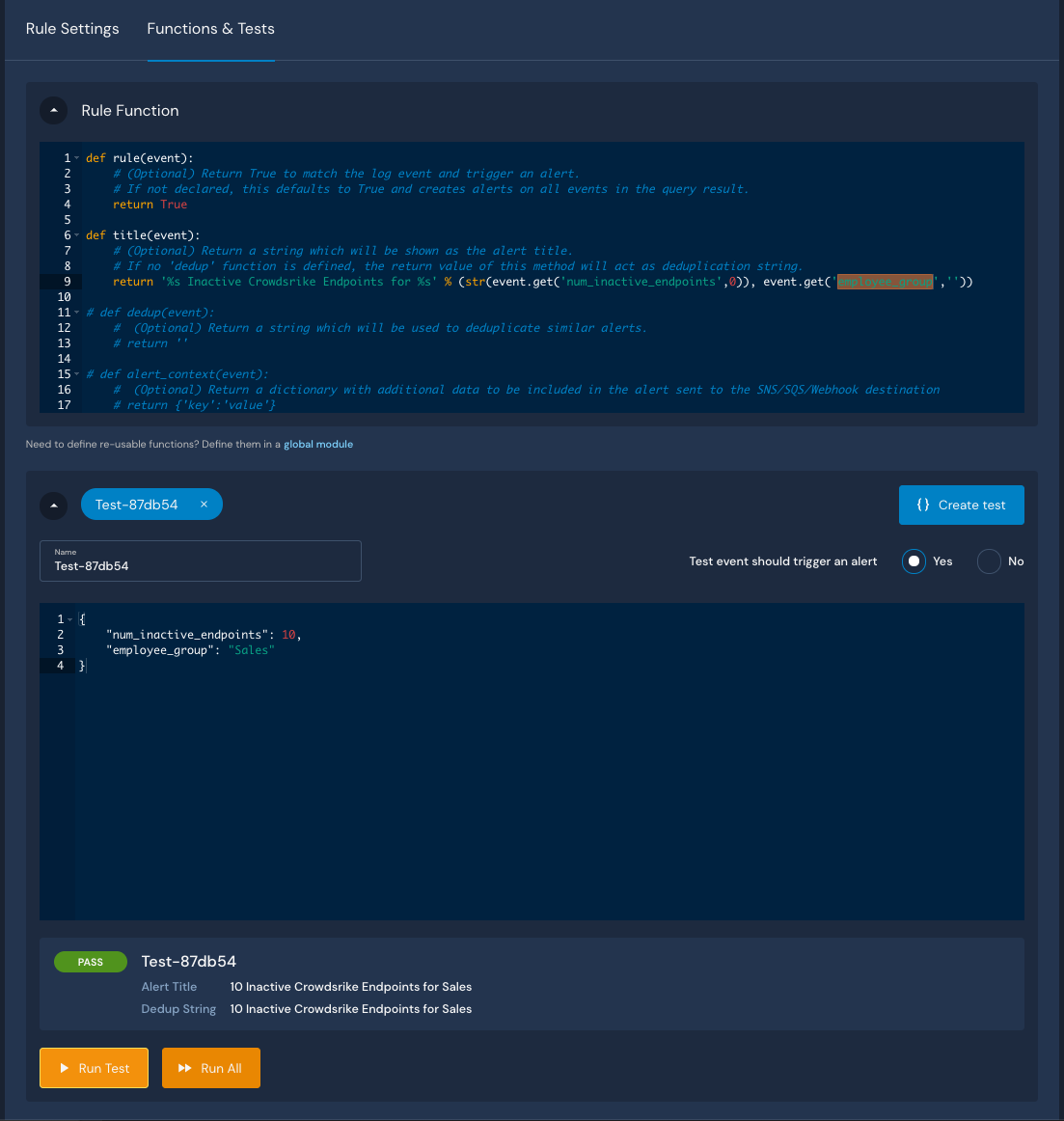 The image shows an example function written in Python. The Test box is open and has an example test written in it.